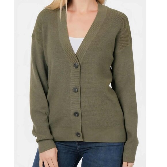 Zenana Button Down Cardigan – Dark Olive Green (XL) - Picture 1 of 3